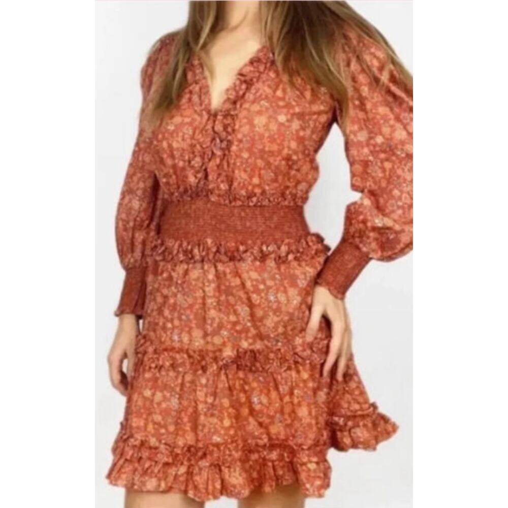 House of Harlow Wallis Floral Smocked Mini Dress XL Rust V-Neck Ruffle *Read